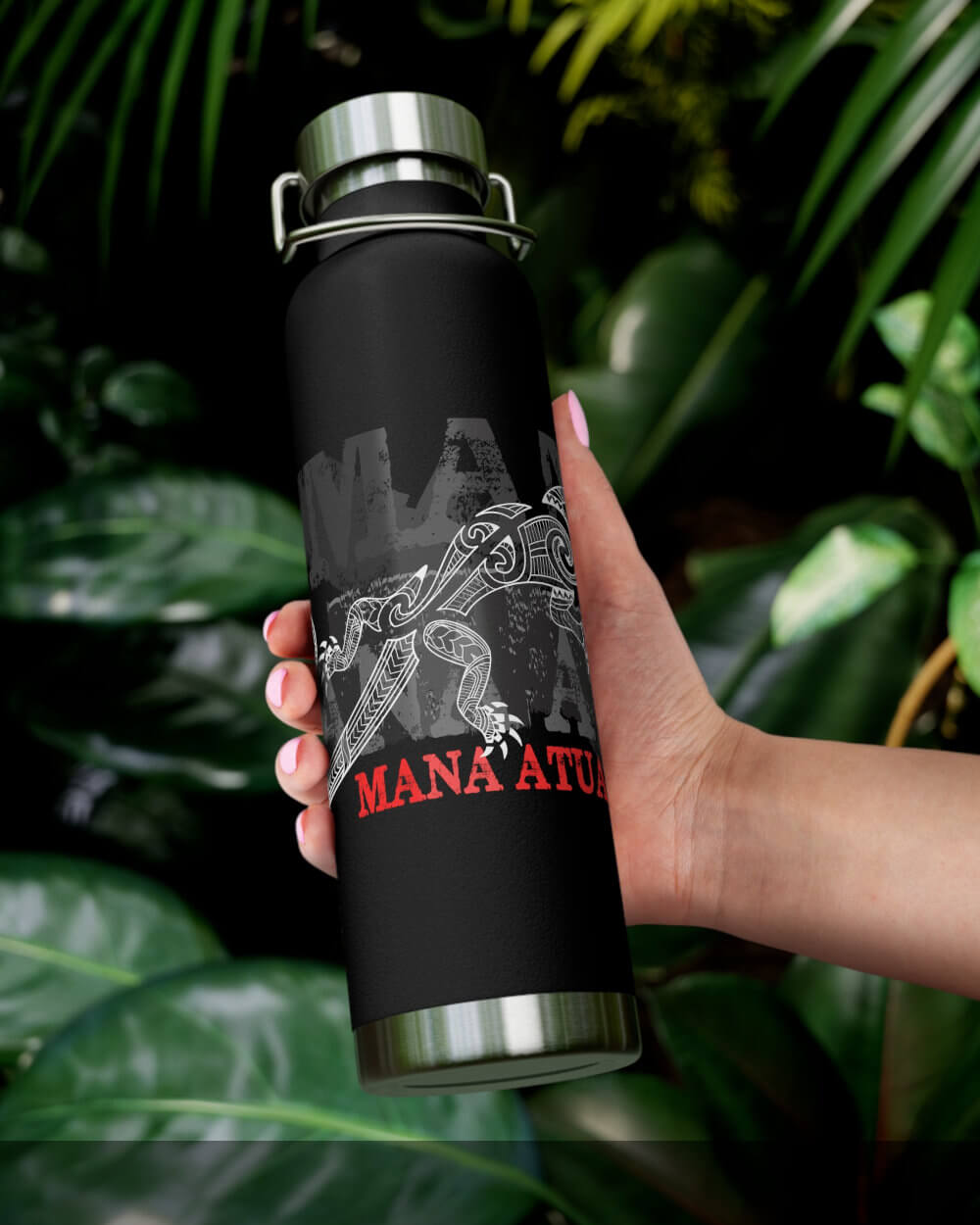 Mana Atua black stainless steel copper insulated 22oz bottle with white maori lizard tattoo